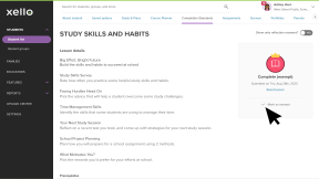 A student's profile in Xello on the Completion Standards tab. The Study skills and habits lesson is open. The cursor is highlighting the Mark as exempt box.